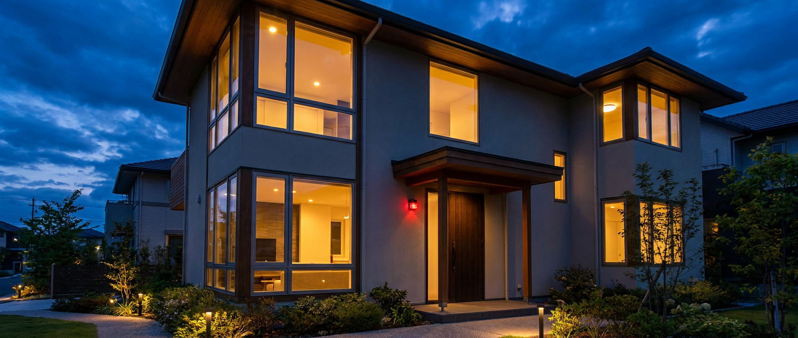 Maison moderne sécurisée au crépuscule, fenêtres éclairées